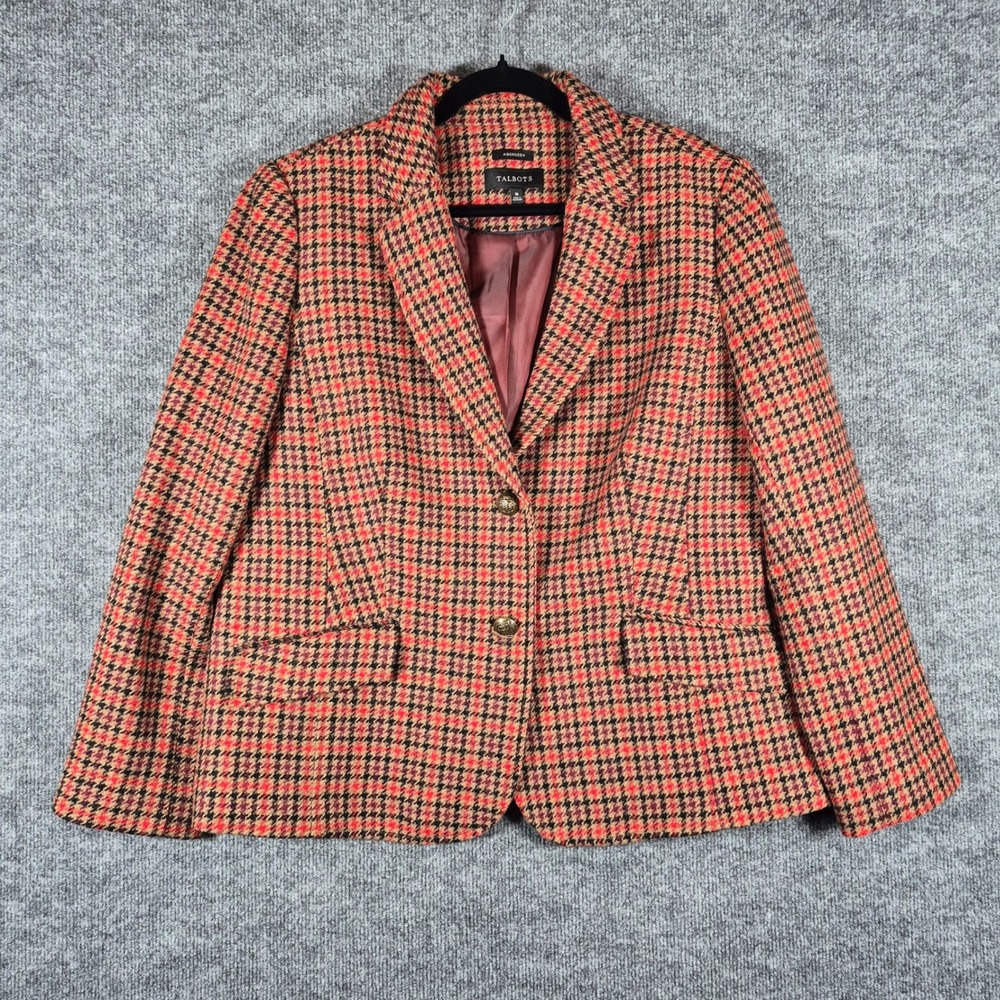 Talbots Aberdeen Houndstooth Wool Blend Blazer Size 18 Red Black